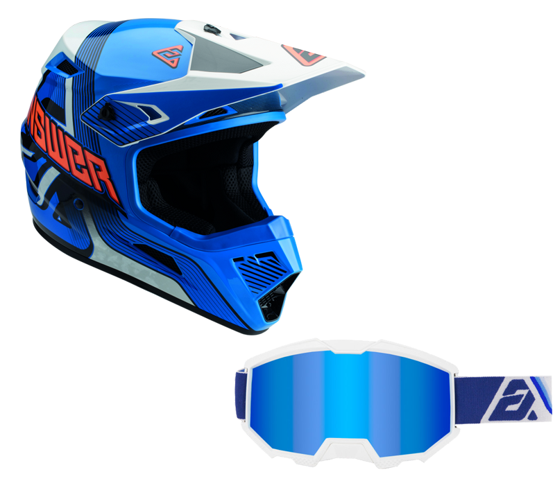 Load image into Gallery viewer, Answer Blue/White/Hyper Orange Helmet & Apex 3 Goggle Combo