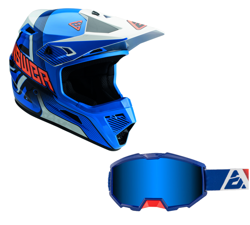 Load image into Gallery viewer, Answer Blue/White/Hyper Orange Helmet & Apex 3 Goggle Combo