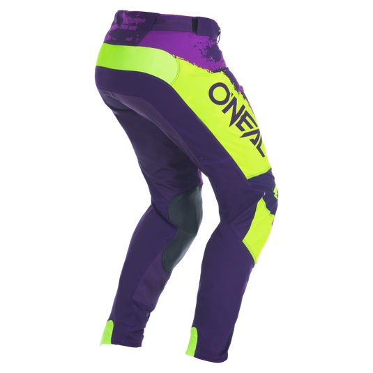 Purple and green motocross pants with 'Oneal' branding on a white background